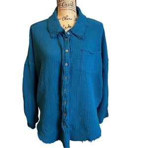 Zenana Outfitters Blue Waffle Button Up Shirt sz 2X